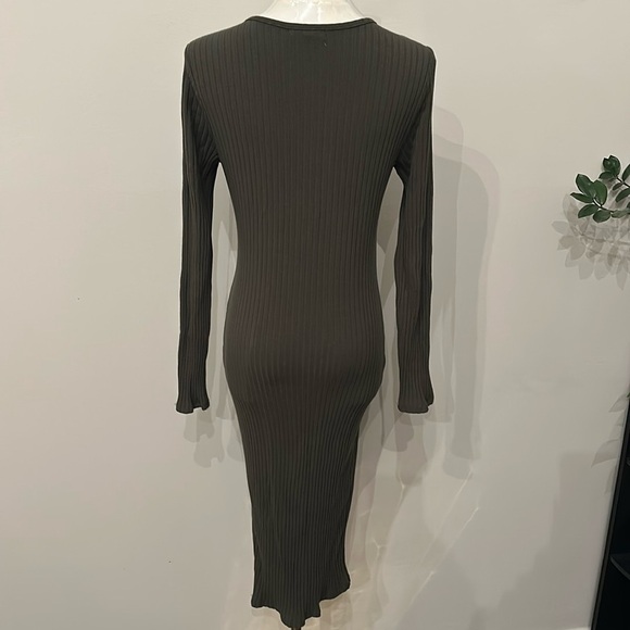 Women’s Olive‎ Green Ribbed Long Sleeve Button Front Bodycon Casual Midi Dress L - Picture 2 of 5